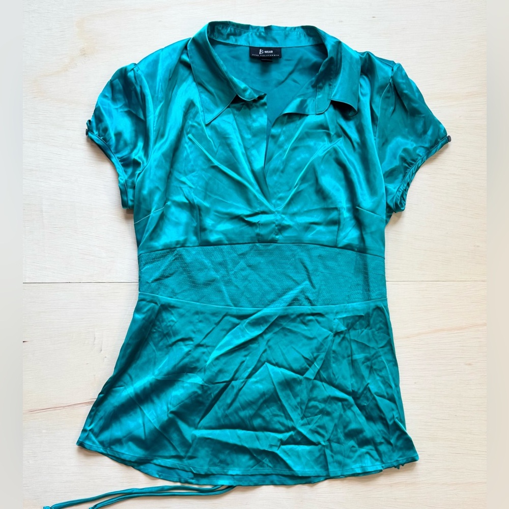 VTG B Wear by Byer California Teal Green Satin Short Sleeve Surplice Blouse XL